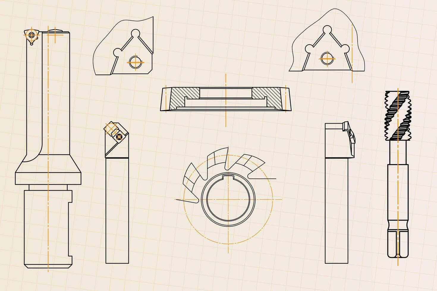 Mechanical engineering drawings on light background. Tap tools, borer, cutting tools, milling cutter. Technical Design. Cover. Blueprint. vector