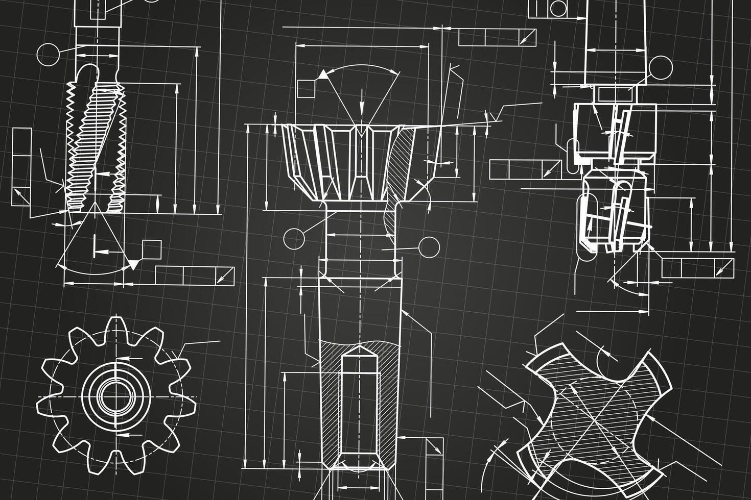 Mechanical engineering drawings on black background. Tap tools, borer. Technical Design. Cover. Blueprint. vector