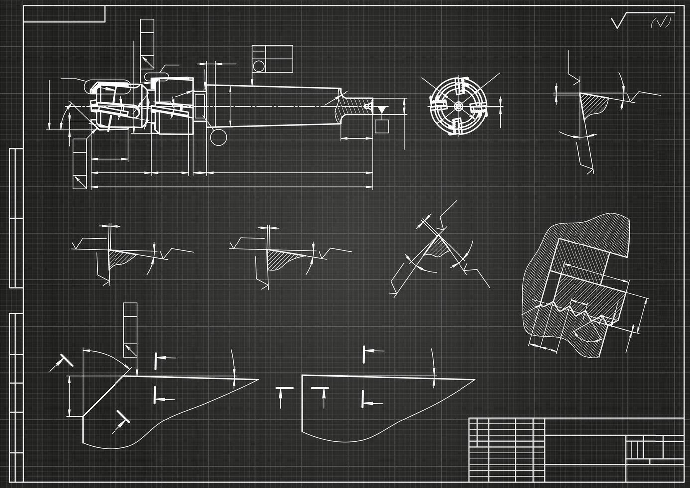 Mechanical engineering drawings on black background. Tap tools, borer. Technical Design. Cover. Blueprint. vector