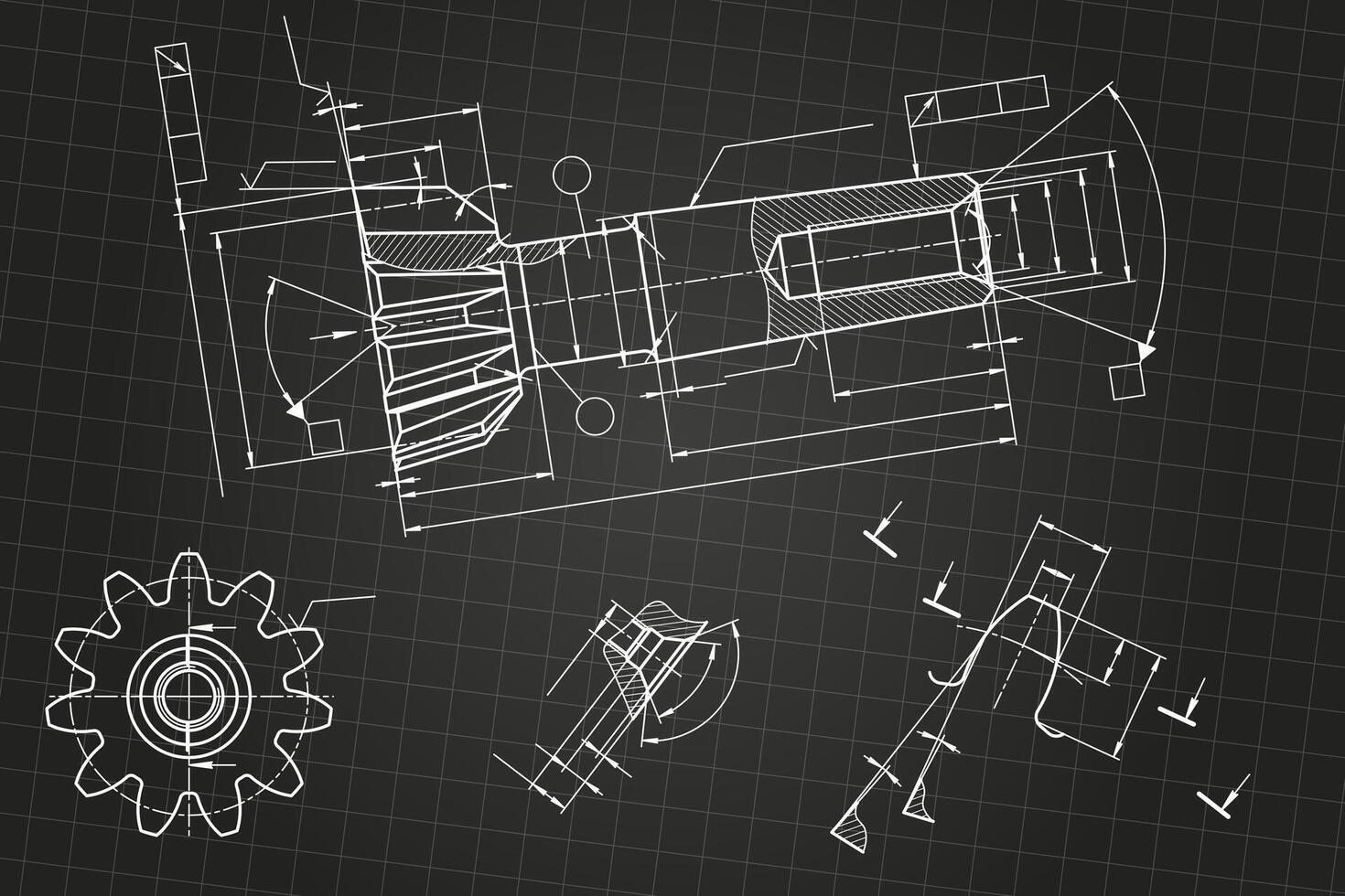 Mechanical engineering drawings on black background. Tap tools, borer. Technical Design. Cover. Blueprint. vector
