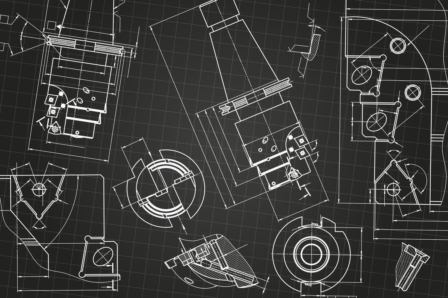 Mechanical engineering drawings on black background. Tap tools, borer. Technical Design. Cover. Blueprint. vector