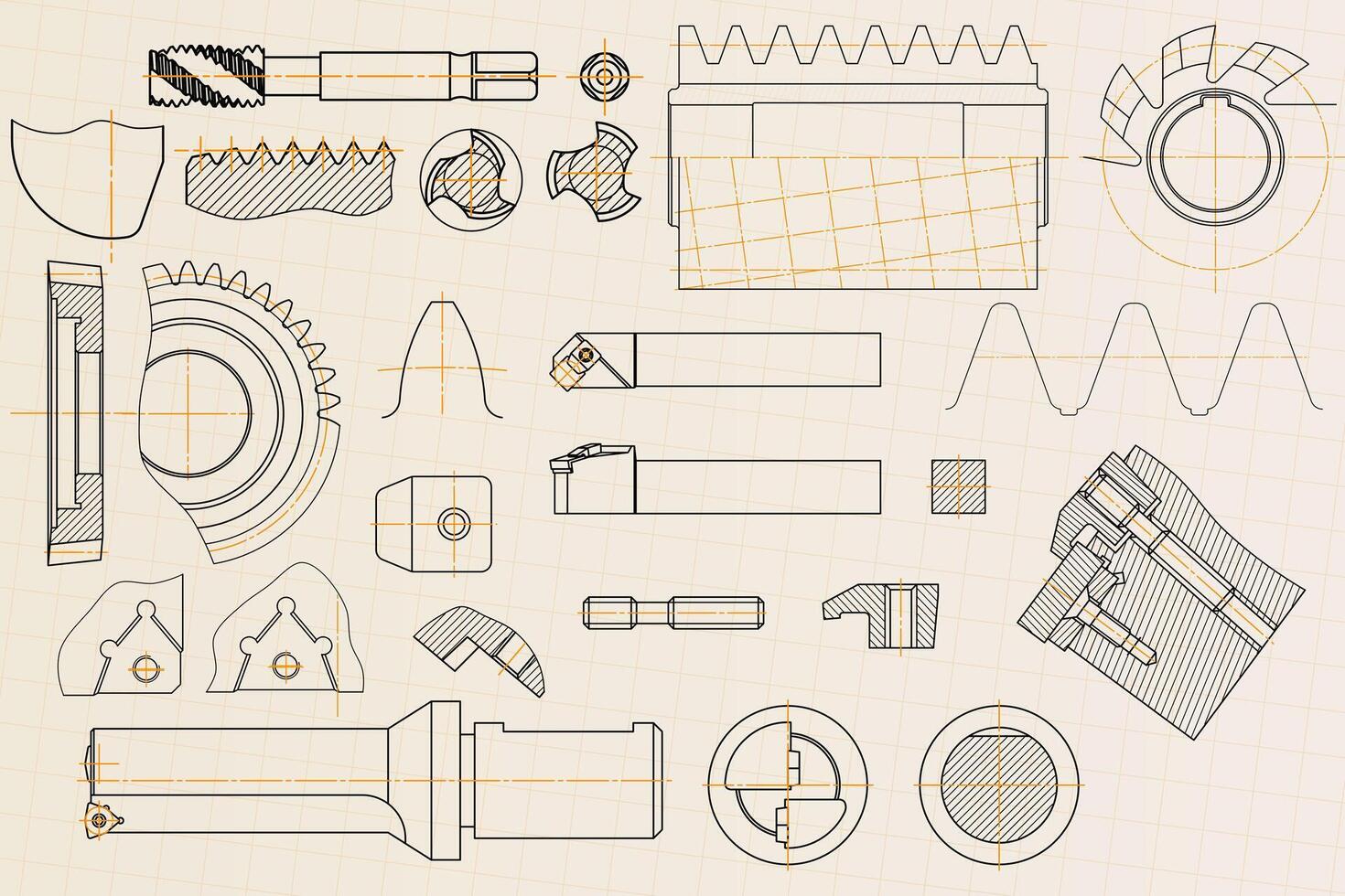 Mechanical engineering drawings on light background. Tap tools, borer, cutting tools, milling cutter. Technical Design. Cover. Blueprint. vector