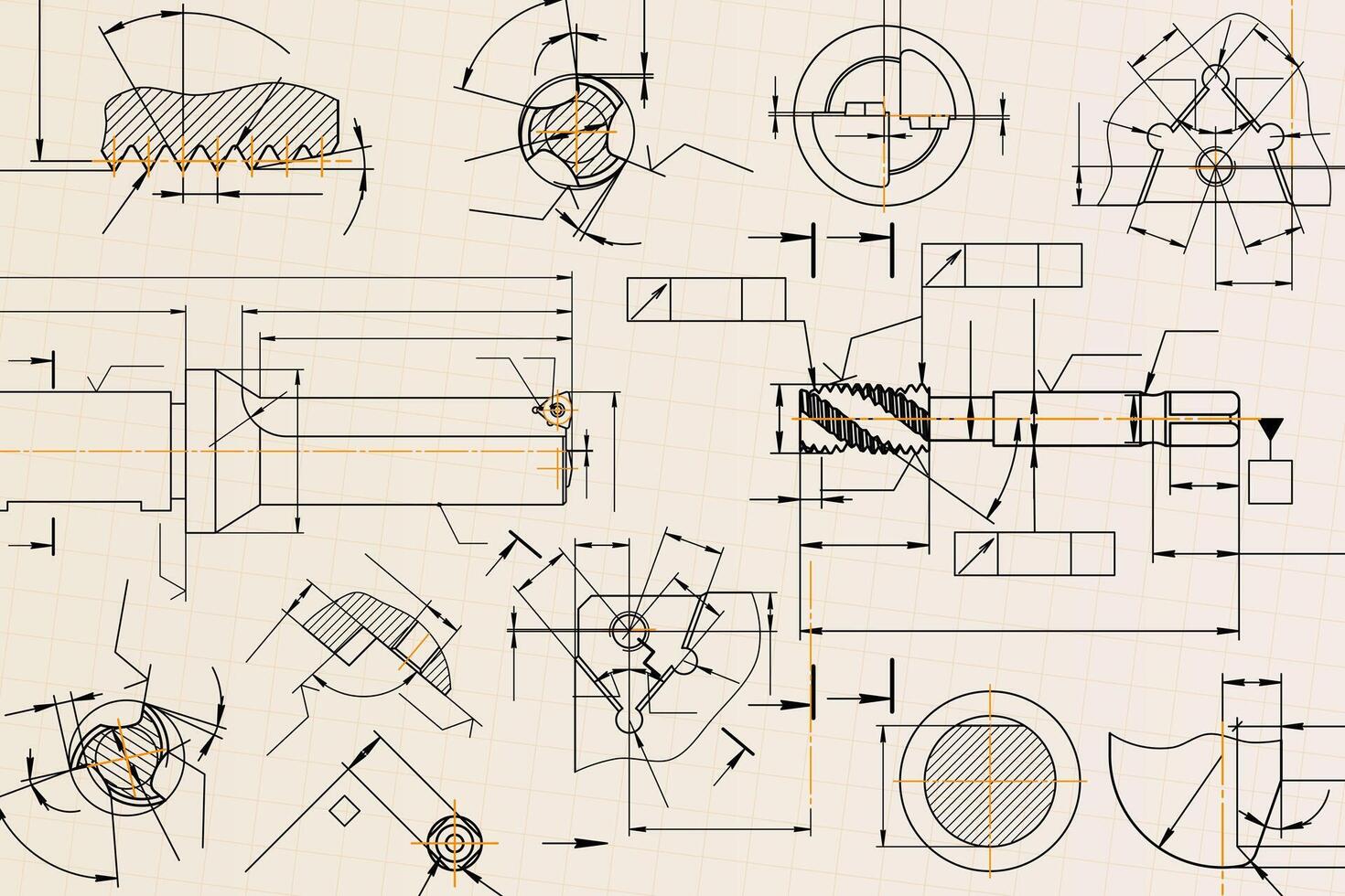 Mechanical engineering drawings on light background. Tap tools, borer, cutting tools, milling cutter. Technical Design. Cover. Blueprint. vector