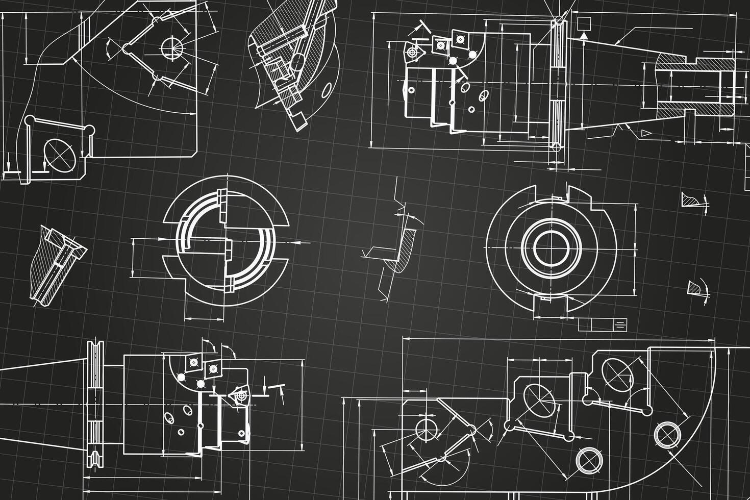 Mechanical engineering drawings on black background. Tap tools, borer. Technical Design. Cover. Blueprint. vector