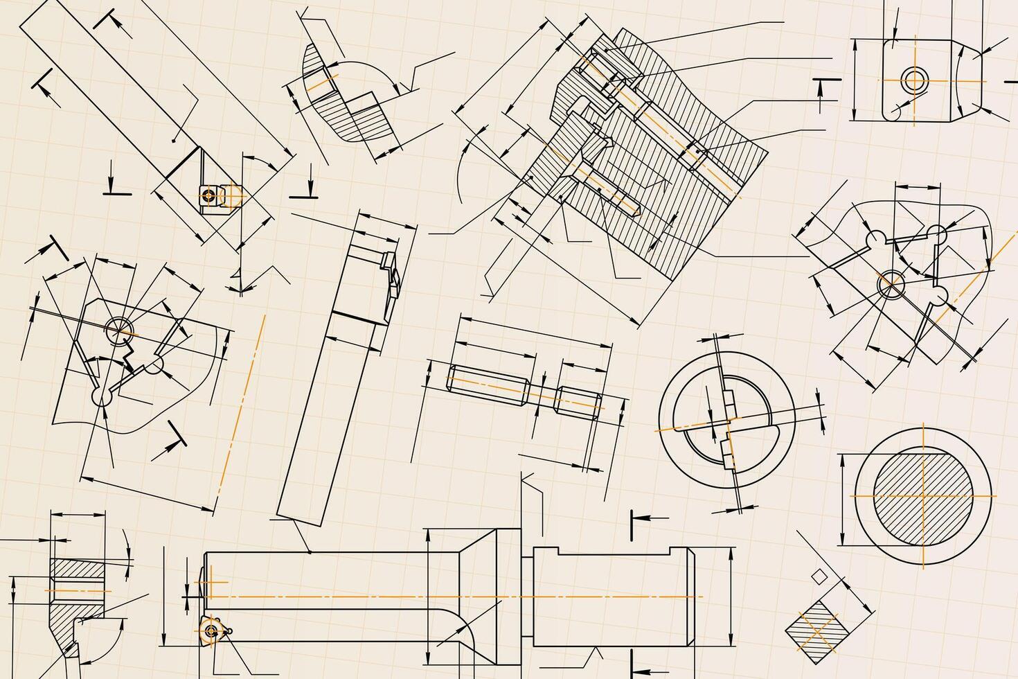 Mechanical engineering drawings on black background. Tap tools, borer. Technical Design. Cover. Blueprint. vector