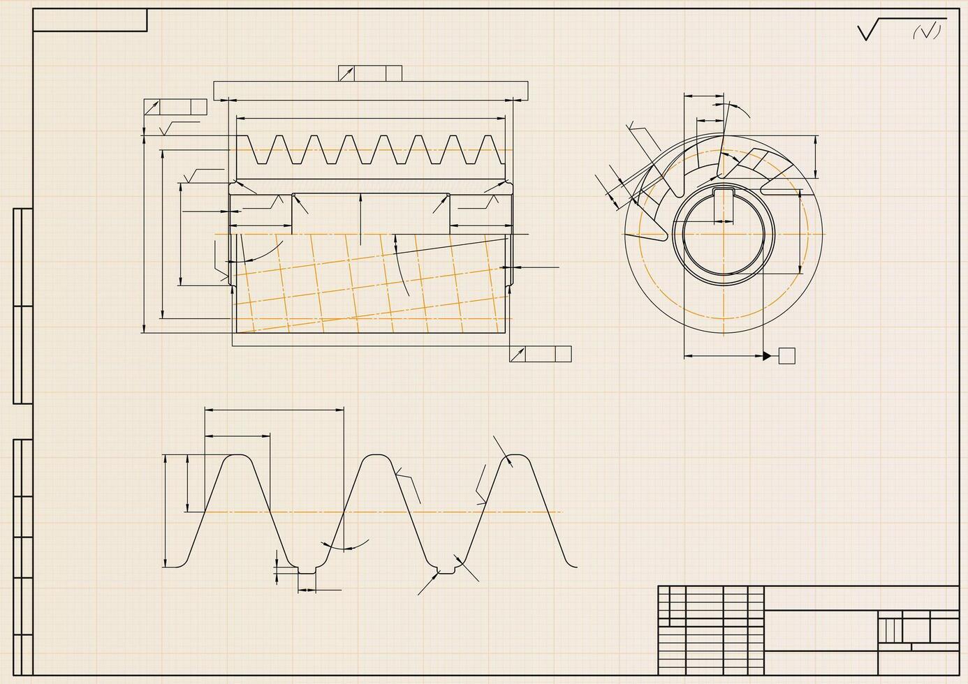 Mechanical engineering drawings on light background. Cutting tools, milling cutter. Technical Design. Cover. Blueprint. vector