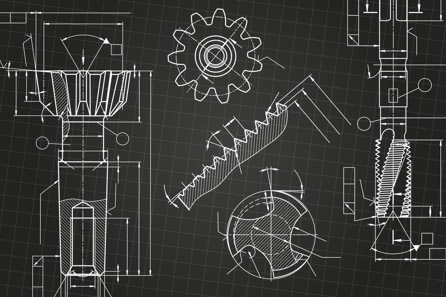 Mechanical engineering drawings on black background. Tap tools, borer. Technical Design. Cover. Blueprint. vector