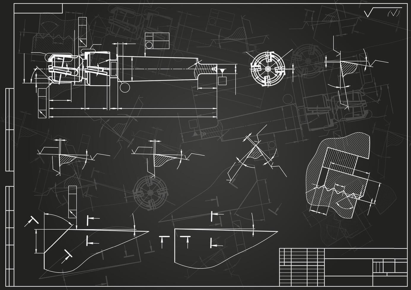 Mechanical engineering drawings on black background. Tap tools, borer. Technical Design. Cover. Blueprint. vector