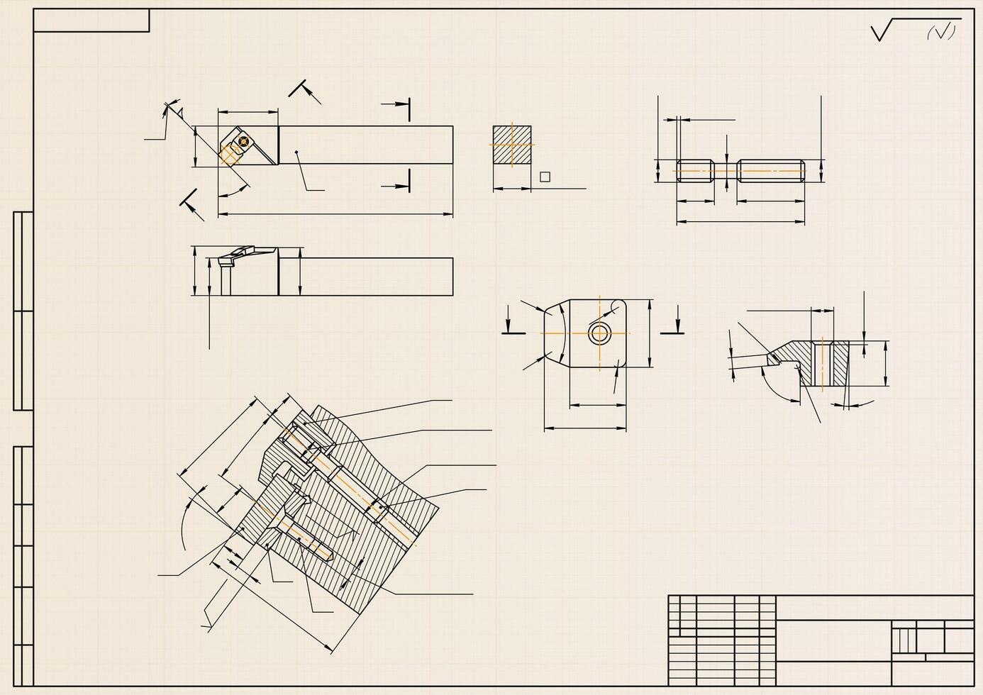 Mechanical engineering drawings on light background. Cutter, assembly tool with replaceable multi-faceted plate. Technical Design. Cover. Blueprint. vector