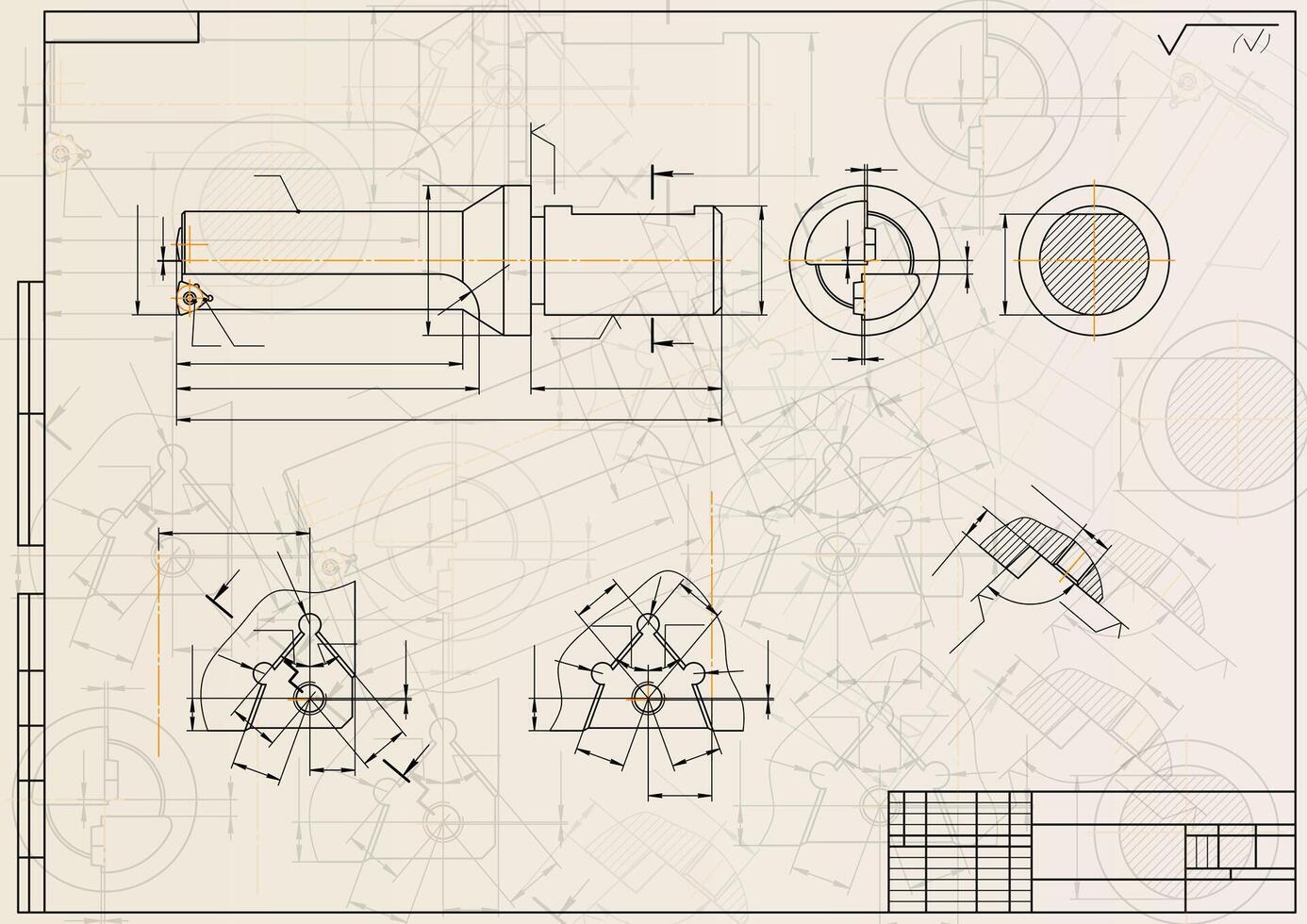 Mechanical engineering drawings on light background. Tap tools, borer. Technical Design. Cover. Blueprint. vector