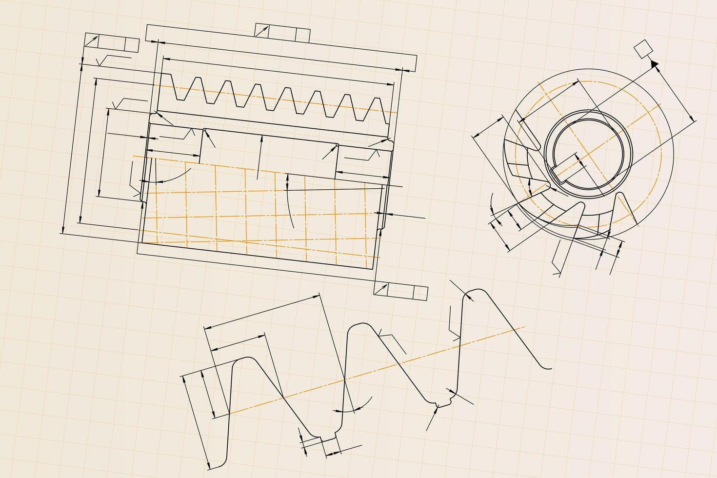 Mechanical engineering drawings on light background. Cutting tools, milling cutter. Technical Design. Cover. Blueprint. vector