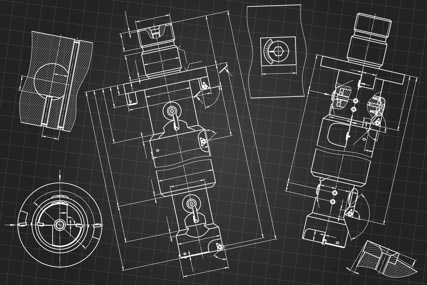 Mechanical engineering drawings on black background. Tap tools, borer. Technical Design. Cover. Blueprint. vector