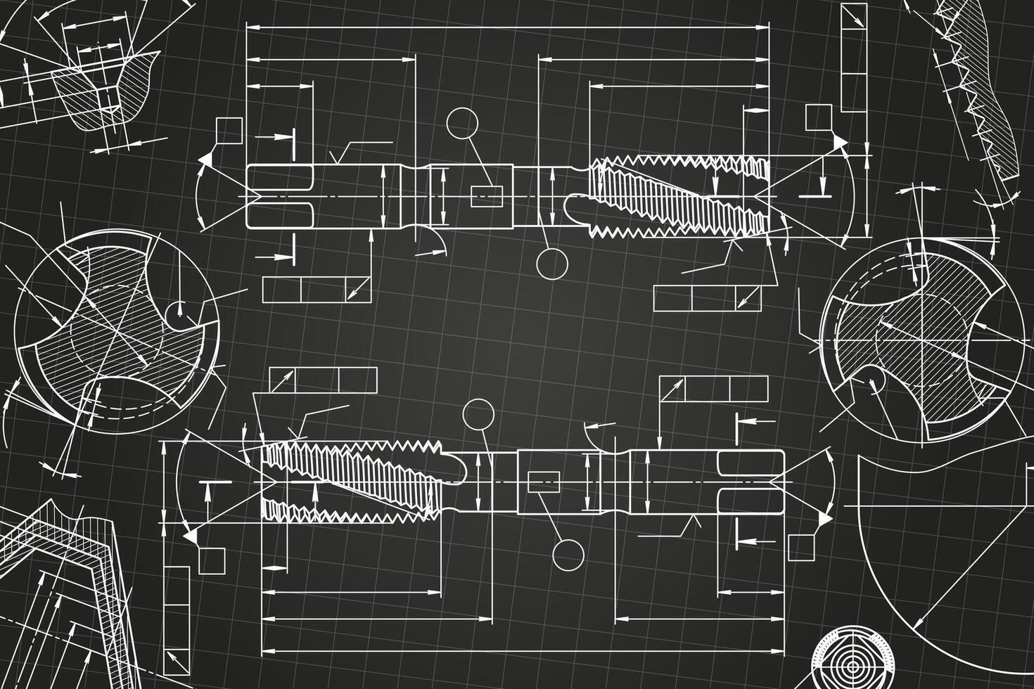 Mechanical engineering drawings on black background. Tap tools, borer. Technical Design. Cover. Blueprint. vector