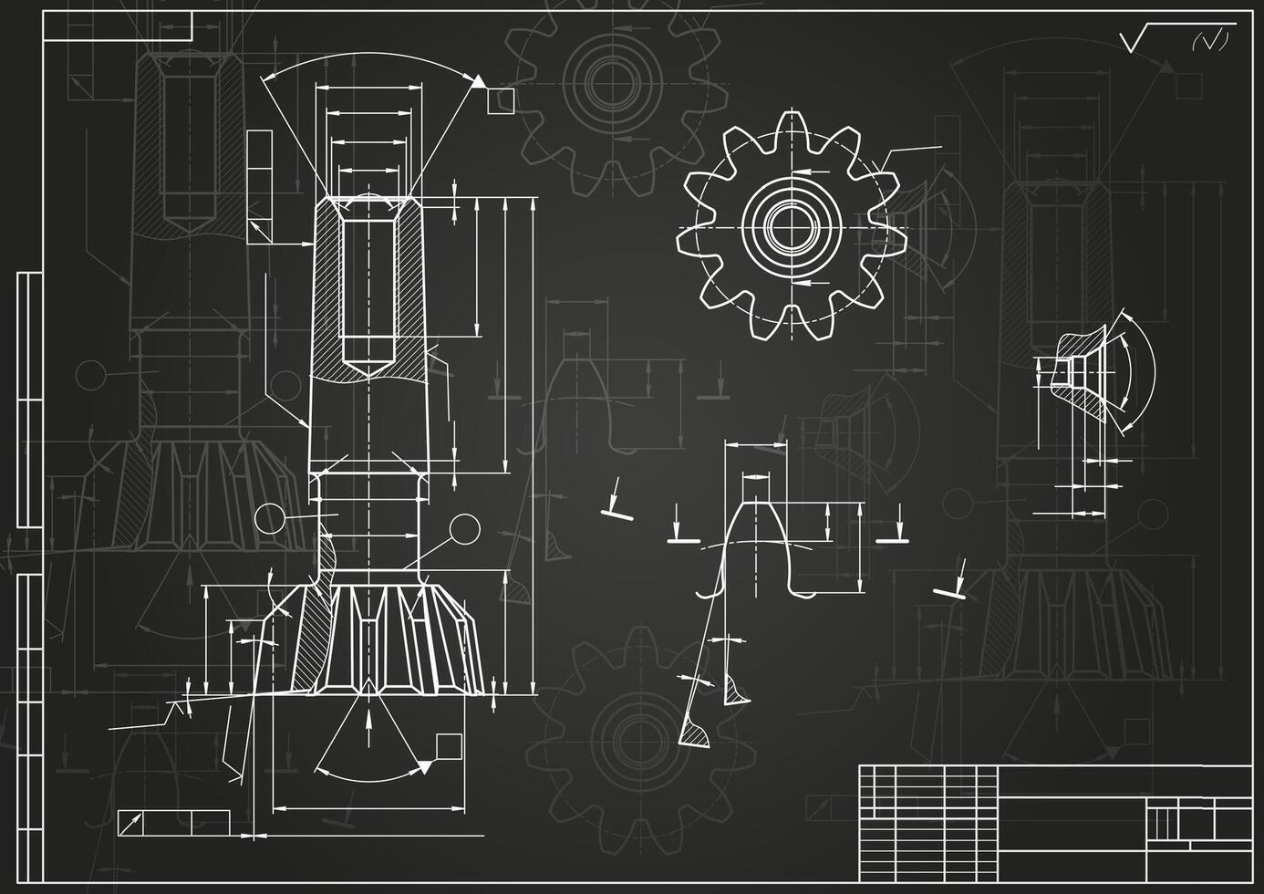 Mechanical engineering drawings on black background. Tap tools, borer. Technical Design. Cover. Blueprint. vector