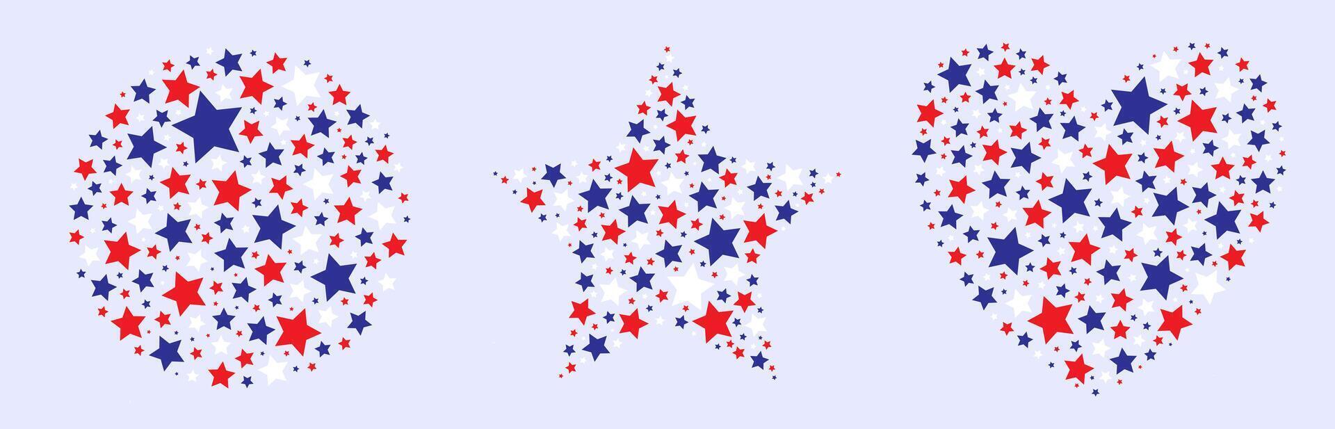 Visually striking design with red, white and electric blue stars forming geometric circle, star and heart shapes creating a bold and patriotic pattern vector