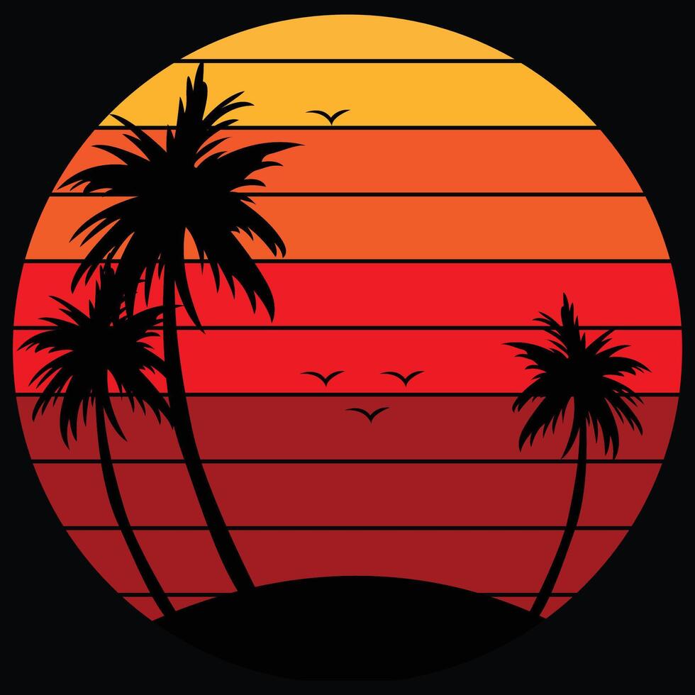 Pacific Ocean Palm Trees With Retro Vintage Sunset Design vector