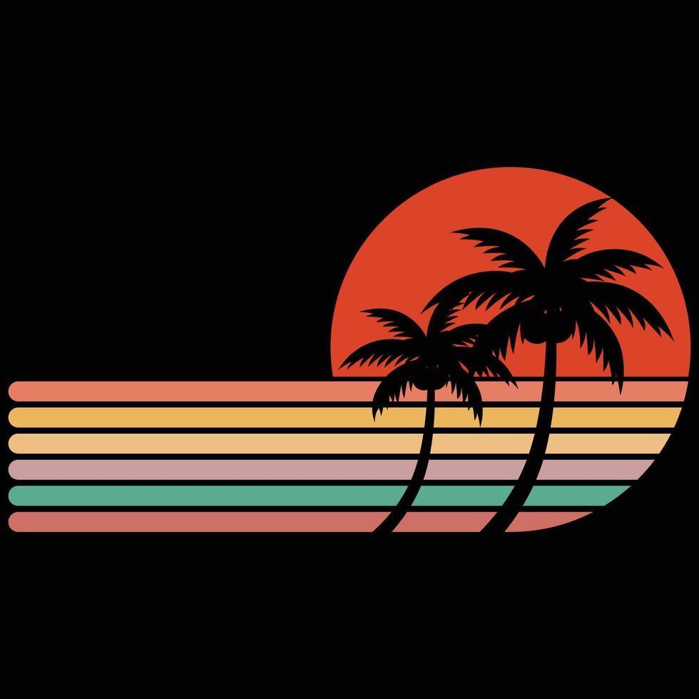 Retro Style Tropical Vintage sunset Beach Palm Tree T shirt design vector