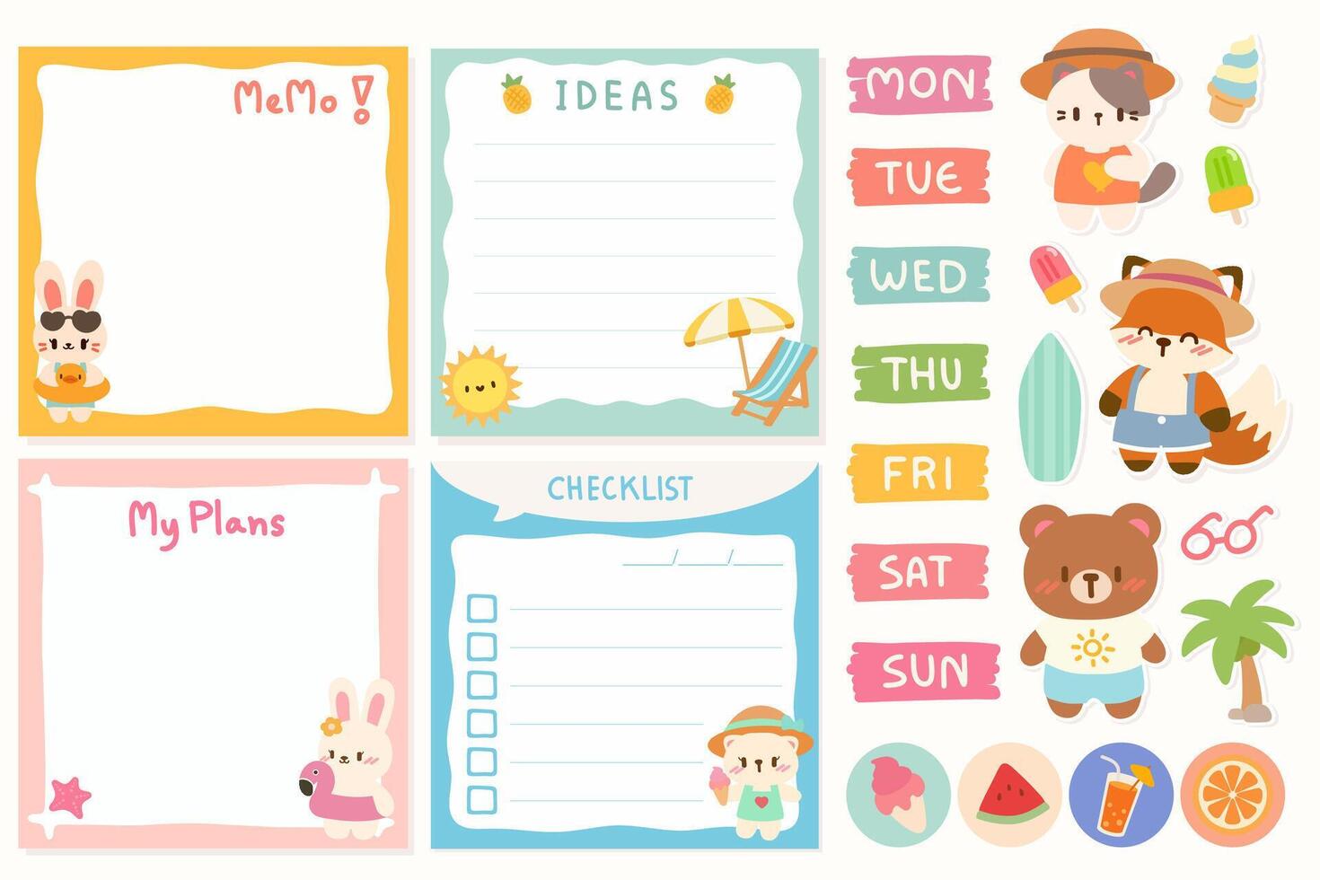 Kawaii Beach Memo Set with Cute Animals and Planning Stickers. Adorable Beach Themed Planner Stickers and Memo Templates. Cute and Fun Beach Planner Stickers and Memo Pads. vector