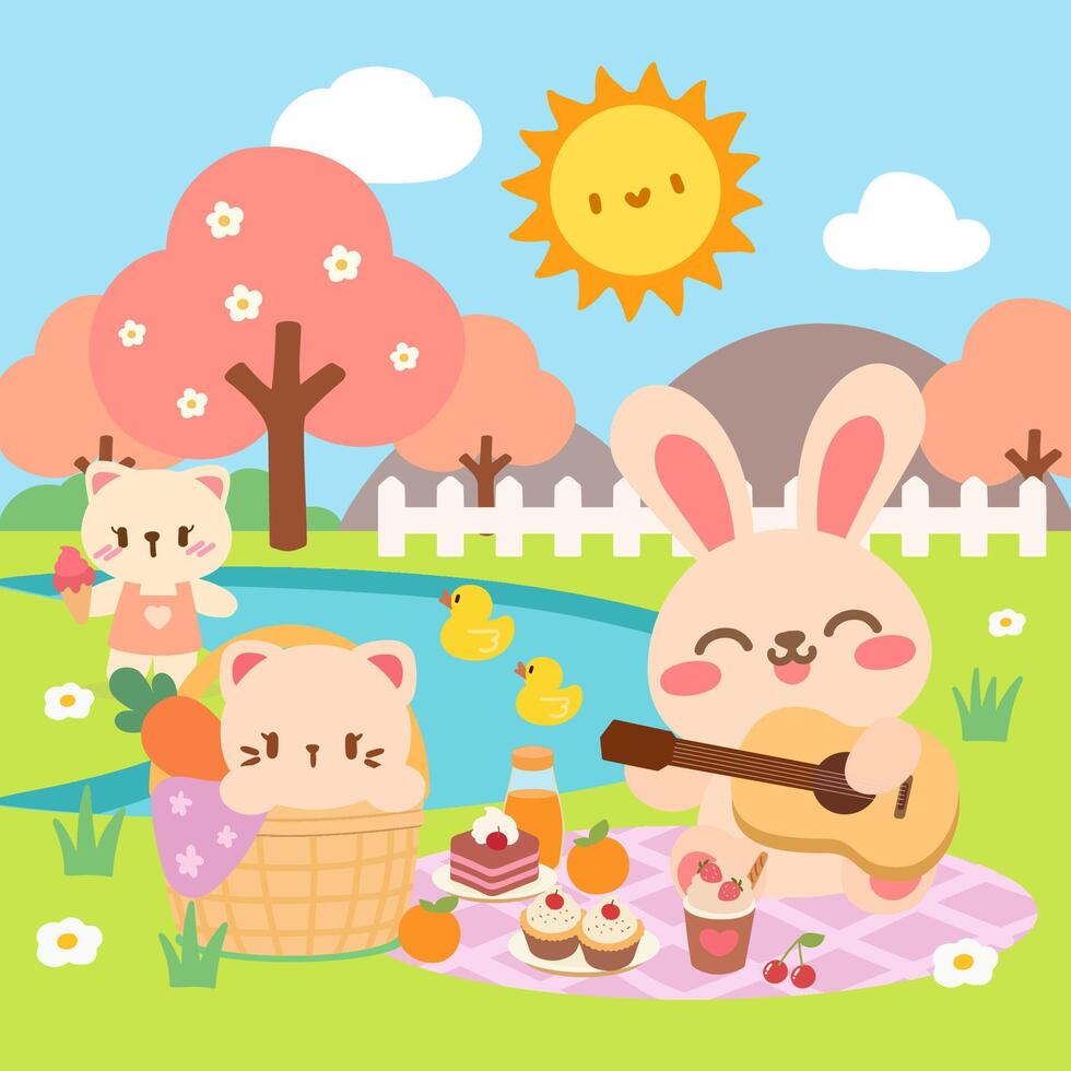 Cute Bunny and Friends Picnic by the Lake with Ducks. Kawaii Animal Friends Enjoying a Sunny Picnic. Adorable Bunny, Cat, and Duck Picnic in the Park. vector