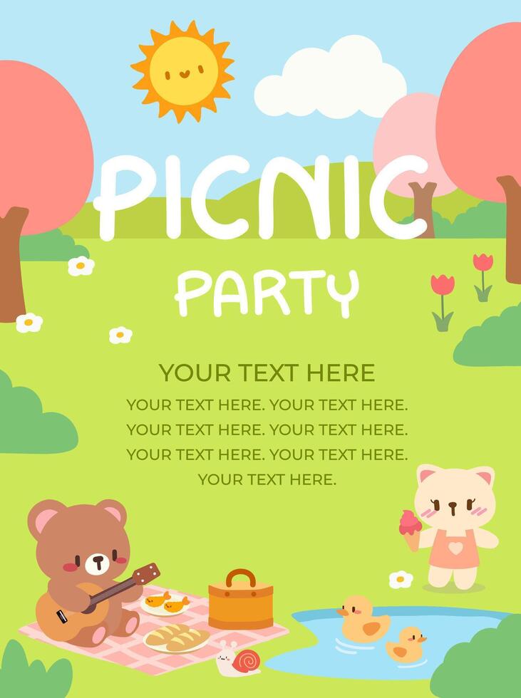 Kawaii Picnic Party Invitation with Cute Animals. Adorable Cartoon Picnic Party Poster. Cute Animal Picnic Party Template with Customizable Text. vector