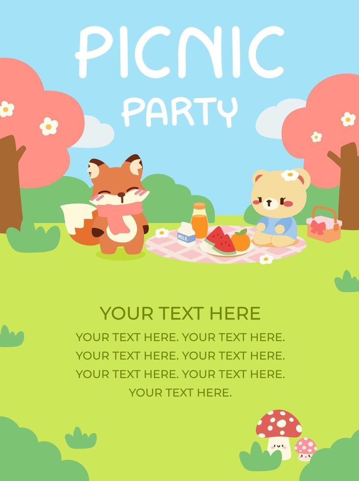 Cute Picnic Party Invitation with Animals. Adorable Fox and Bear Picnic Illustration. Kawaii Picnic Party Poster Template. vector