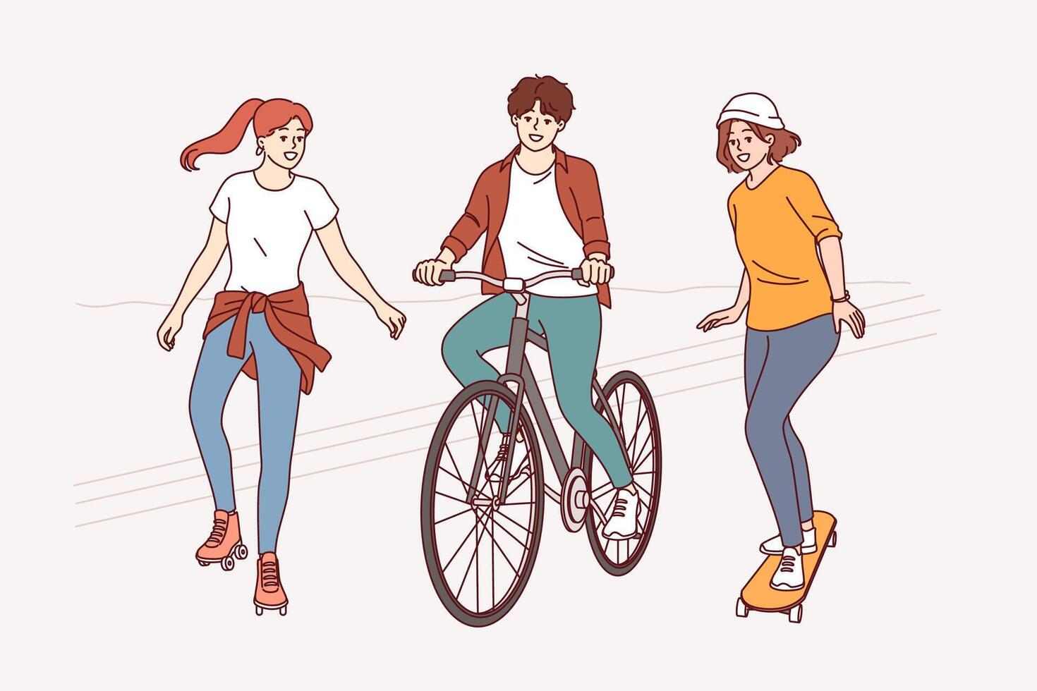 Summer walk of cheerful friends using rollerblades and bicycle or skateboard for recreation vector