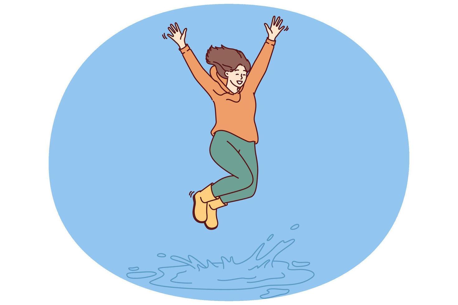 Happy woman in casual clothes jumping in puddle enjoying first autumn rain after hot summer vector