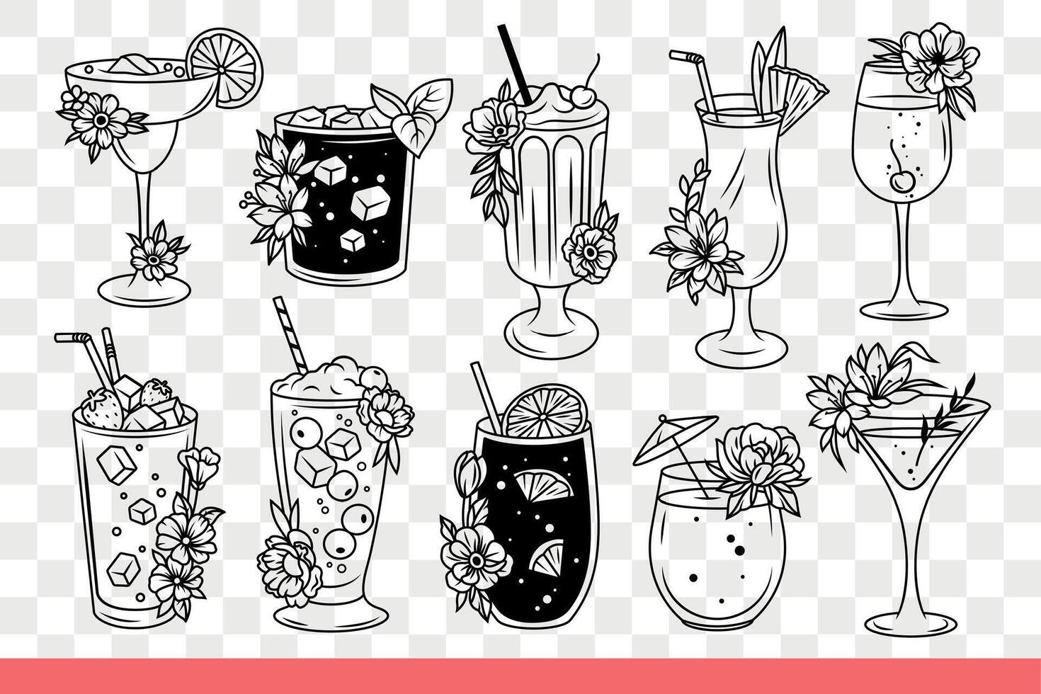 Cold cocktails with ice in different glasses from nightclub or beach bar. Hand drawn doodle vector