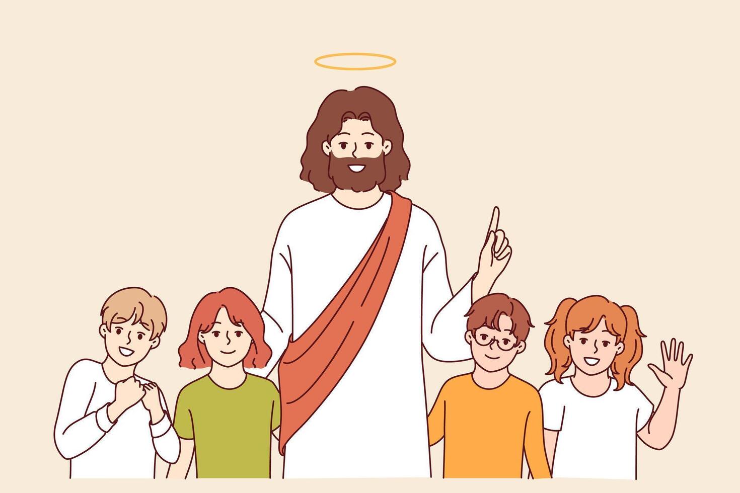 Jesus christ smiles standing with children, preaching kindness to followers of christian religion vector