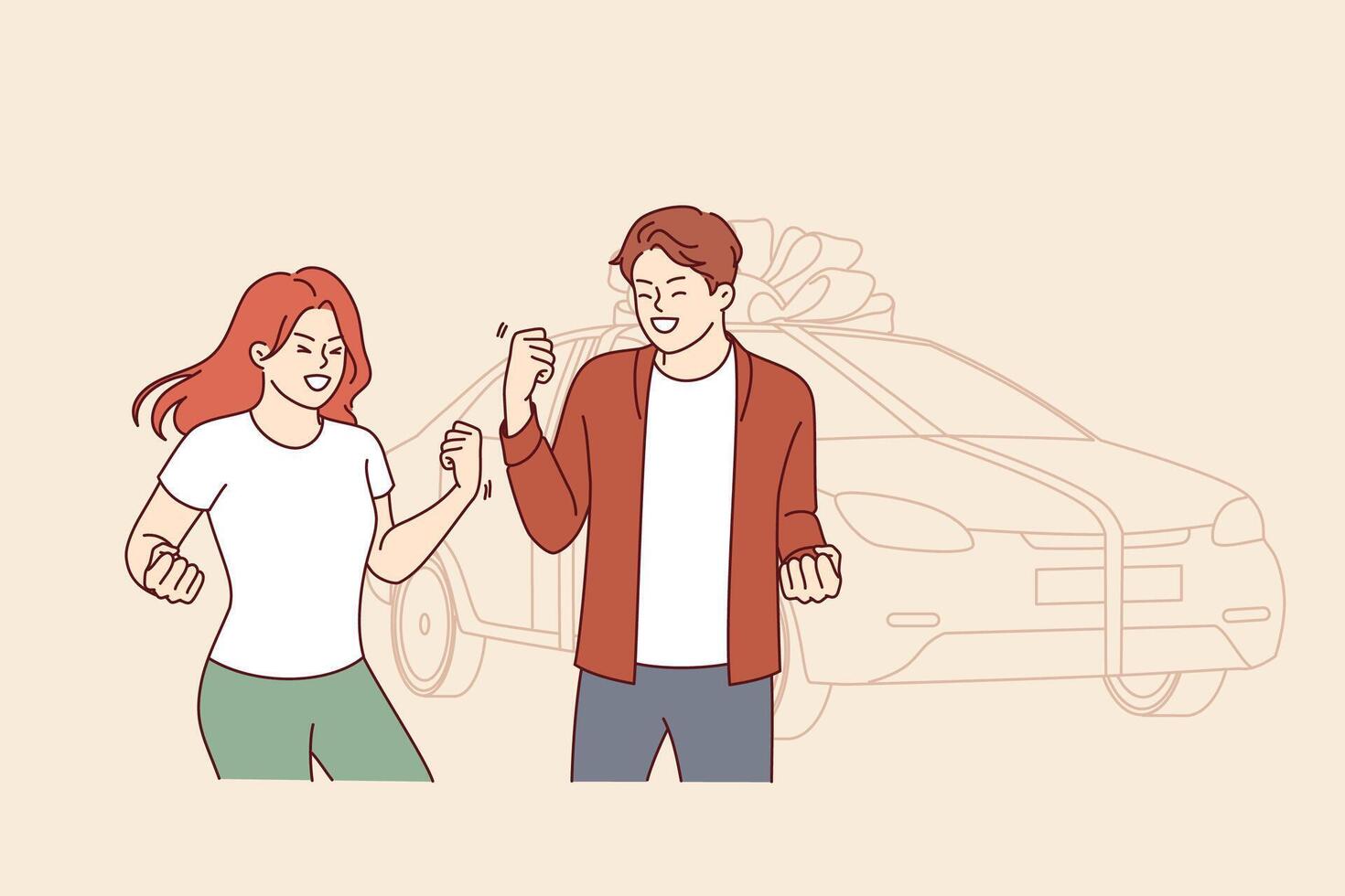 Gift car tied with large bonus stands near overjoyed couple who won automobile in lottery vector