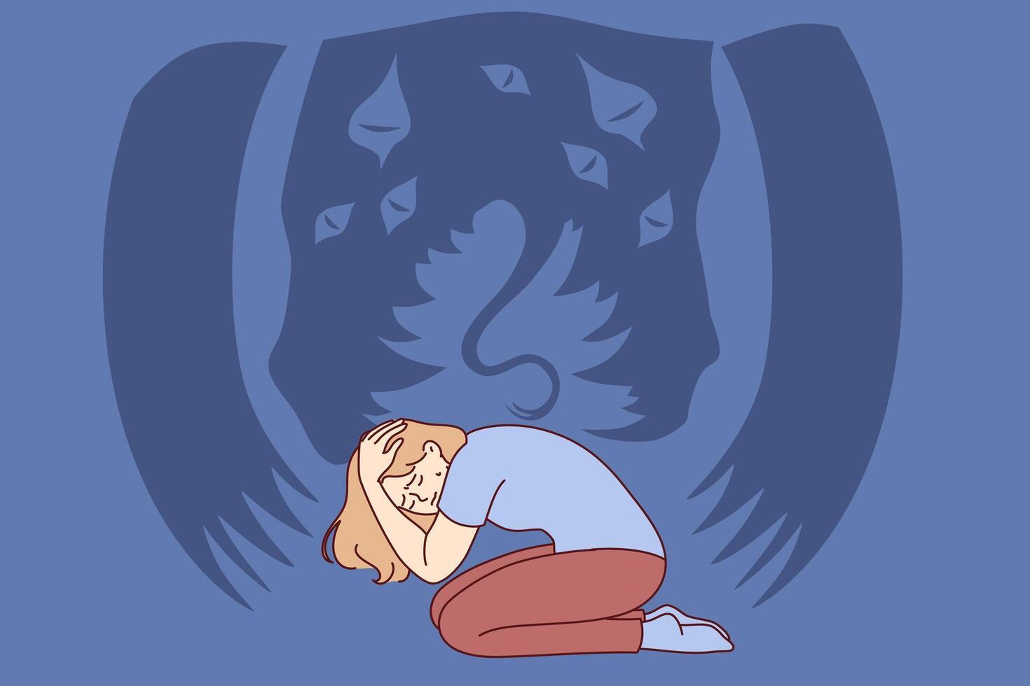 Woman experiences panic attack or suffers from hallucinations seeing terrible monster vector