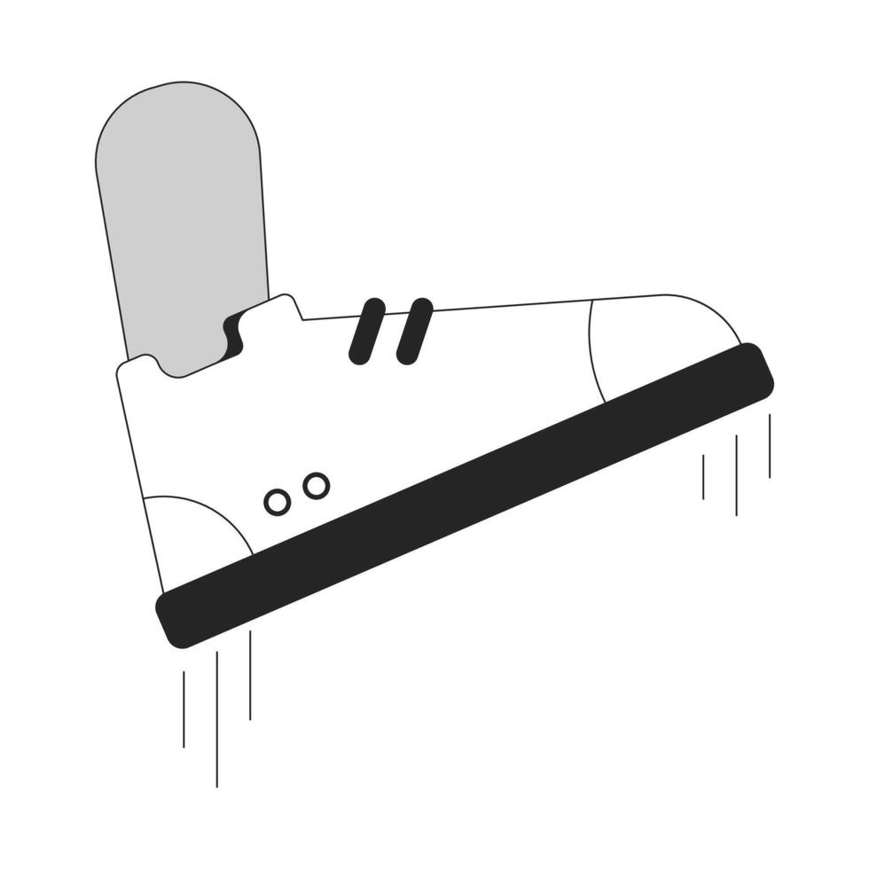Shoe crushing in mid-air human foot outline illustration. Trample sneaker 2D isolated black and white image. Big step. Authority tyranny. Stomping footwear flat monochromatic drawing clip art vector