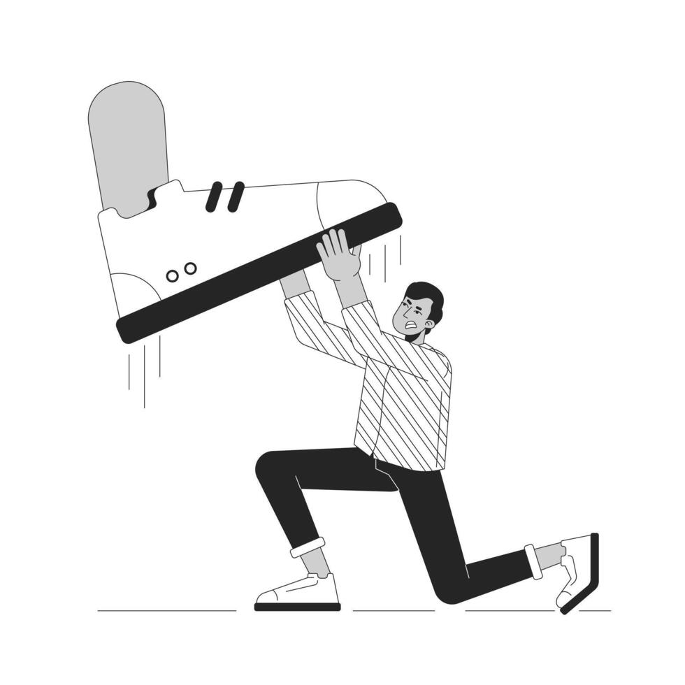 Oppressed man resists social pressure black and white 2D illustration concept. Indian guy fighting big foot crushing outline character isolated. Confrontation metaphor monochrome art vector