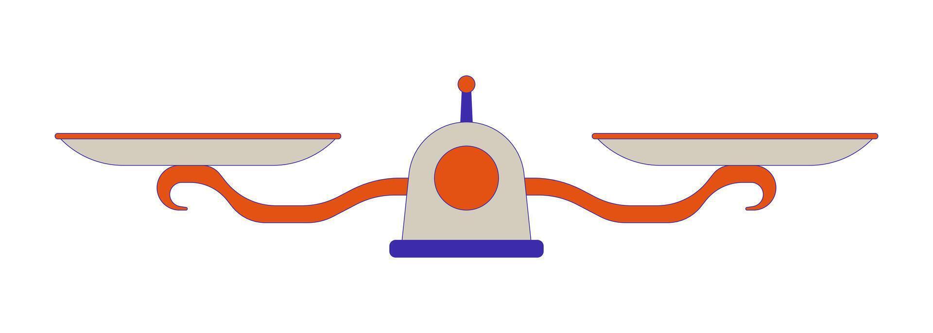 Balance scales 2D cartoon object. Equality equilibrium equipment libra isolated flat element white background. Judge righteousness. Legal system. Measure comparison color spot illustration vector