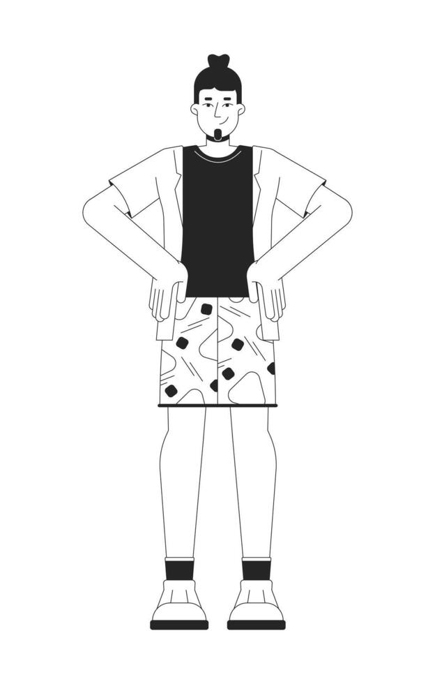 Smiling caucasian man with hands on hips black and white 2D line cartoon character. Summer outfit european guy isolated outline person. Bearded guy in power pose monochromatic spot illustration vector