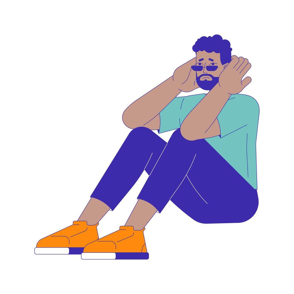 Stressed anxious black man holding head 2D cartoon character. African american bearded guy unhappy depression isolated flat person white background. Anxiety attack color spot illustration vector