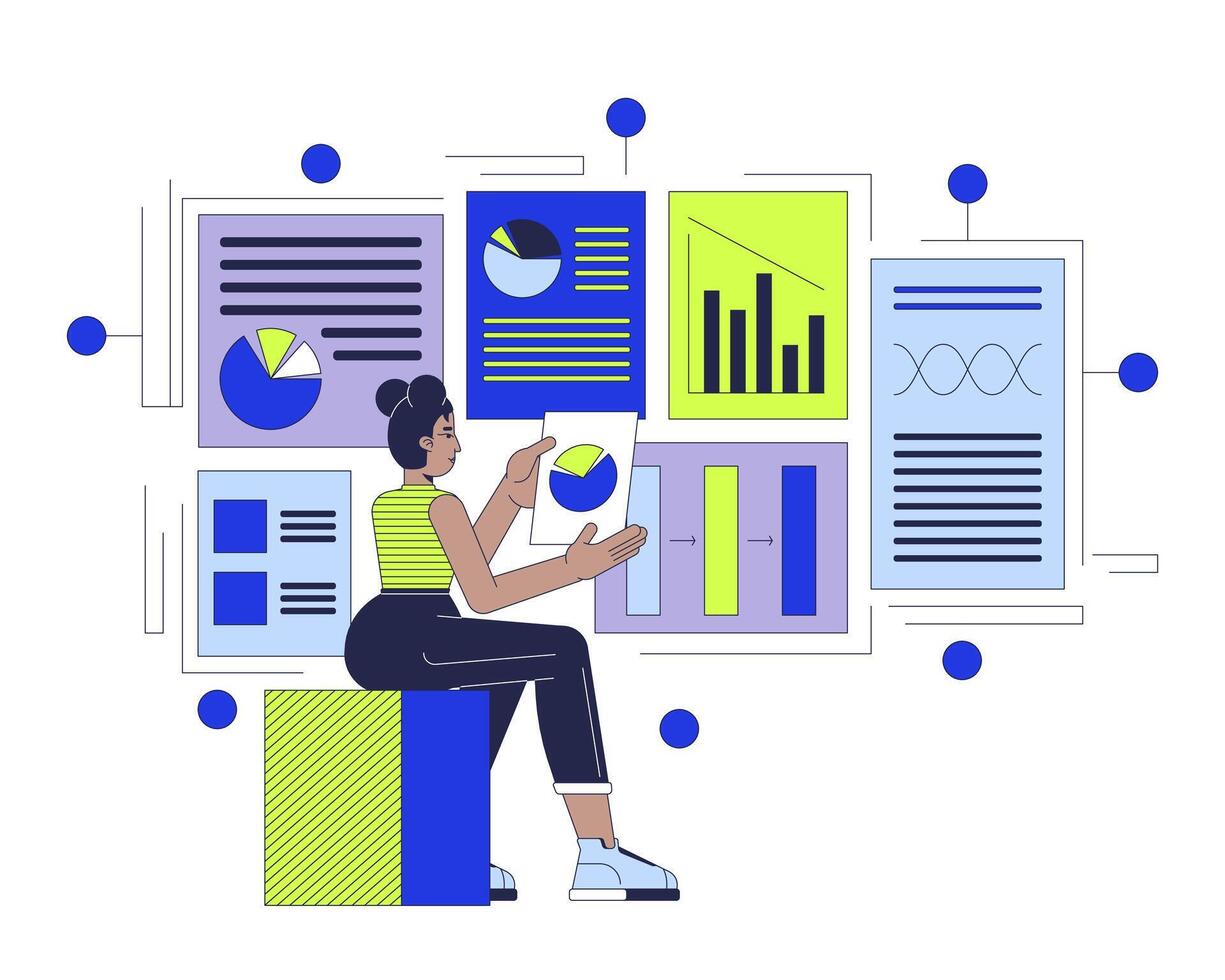 Data-driven product management 2D illustration concept. Project manager african american woman cartoon character isolated on white. Business analyst with charts metaphor abstract flat graphic vector