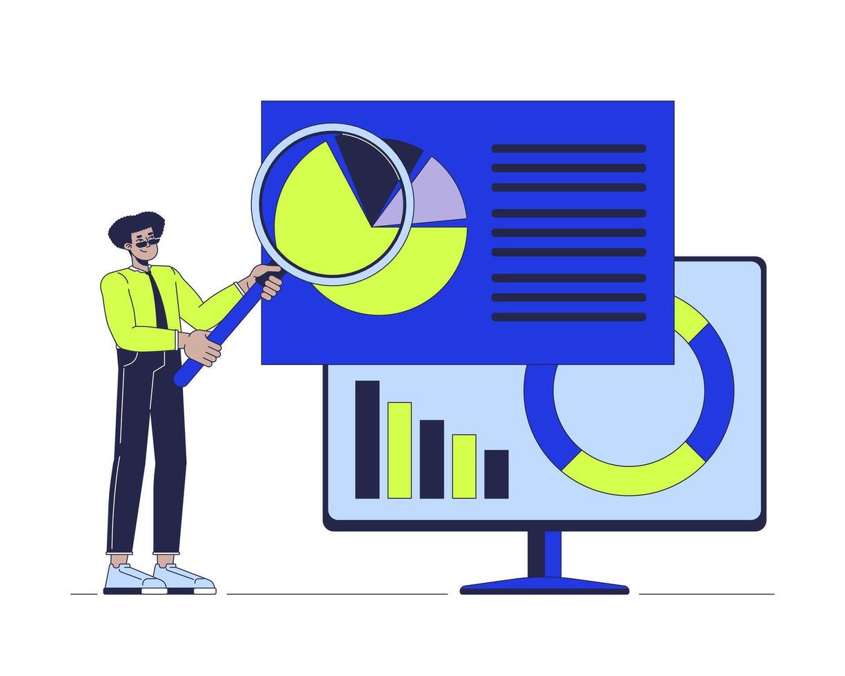 Analytics magnifying glass 2D illustration concept. Enlarging loupe analyst computer cartoon character isolated on white. Analysis data in product management metaphor abstract flat graphic vector
