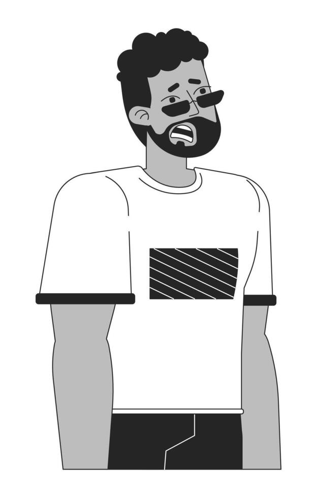 African american male stressed frightened black and white 2D line cartoon character. Black man shocked mouth open isolated outline person. Anxious negative monochromatic spot illustration vector