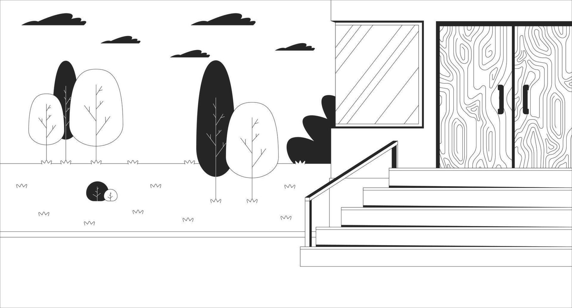 Stairs building exterior black and white line illustration. School staircase facility outside 2D line cityscape monochrome background. Inaccessible city for disability users outline image vector