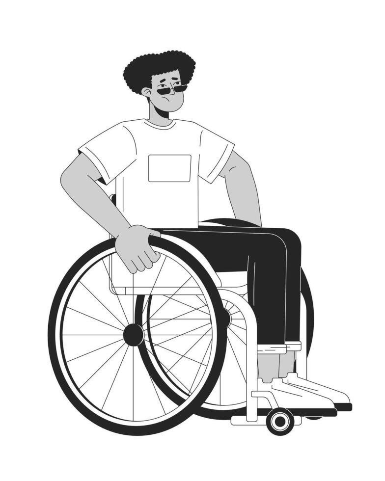 Wheelchair man latin american young adult black and white 2D line cartoon character. Stressed disabled male isolated outline person. Disability physical barriers monochromatic spot illustration vector