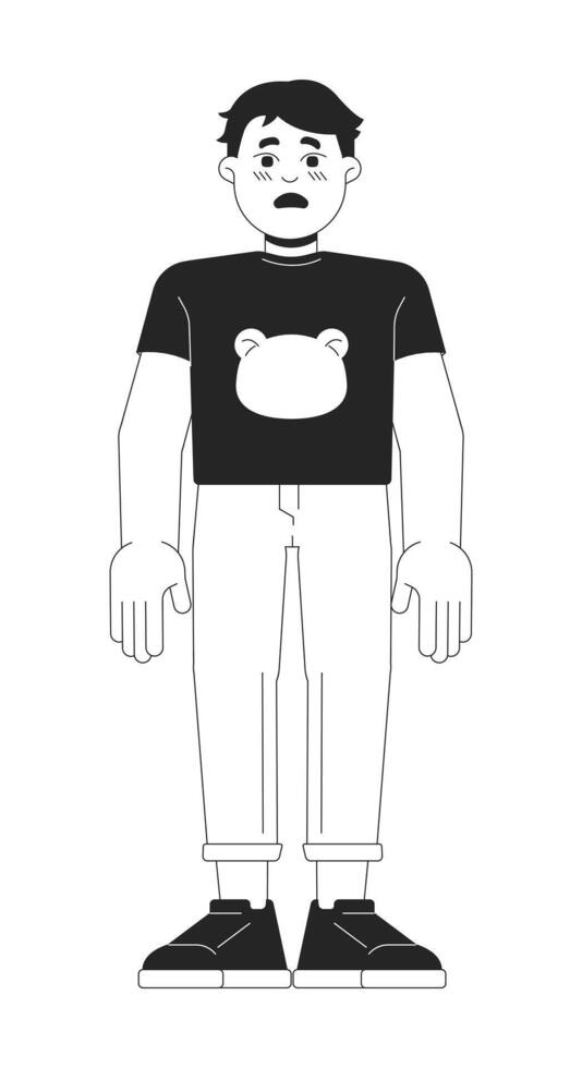 Scared little boy black and white 2D line cartoon character. Frightened male child isolated outline person. Stressed terrified kid. Loneliness. Childhood trauma monochromatic spot illustration vector