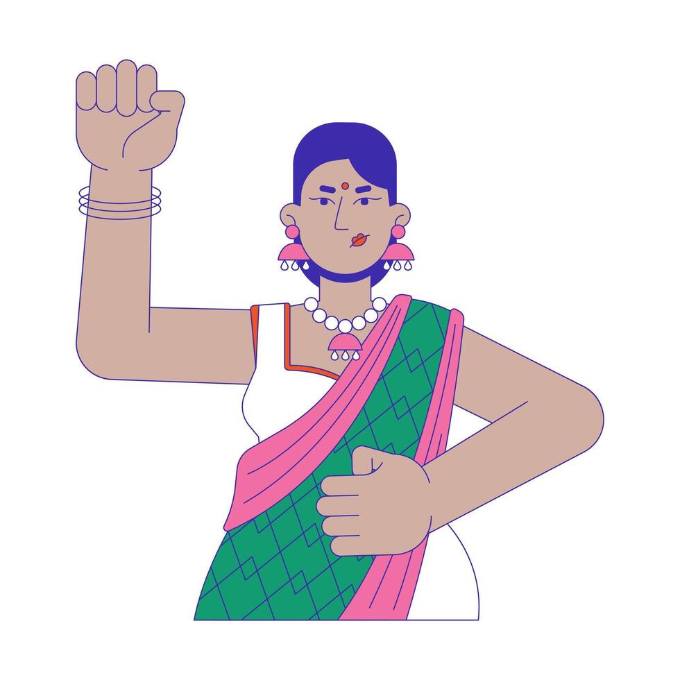 Fist up feminist hindu woman 2D cartoon character. Protesting indian lady with hand raised isolated flat person white background. Movement feminism empowerment color spot illustration vector