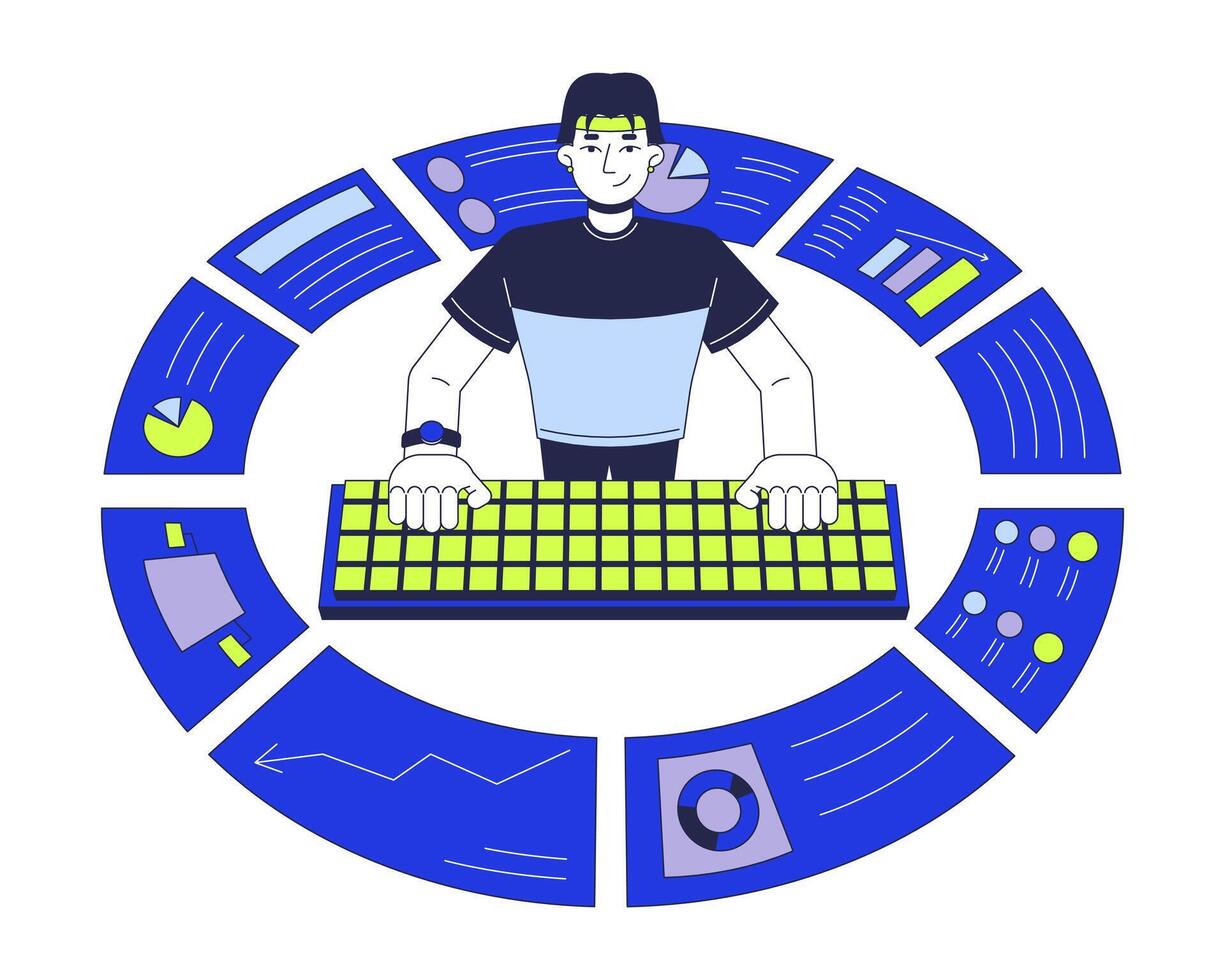 Data analytics business reports 2D illustration concept. Computer analyst typing keyboard cartoon character isolated on white. Key performance indicators metaphor abstract flat graphic vector