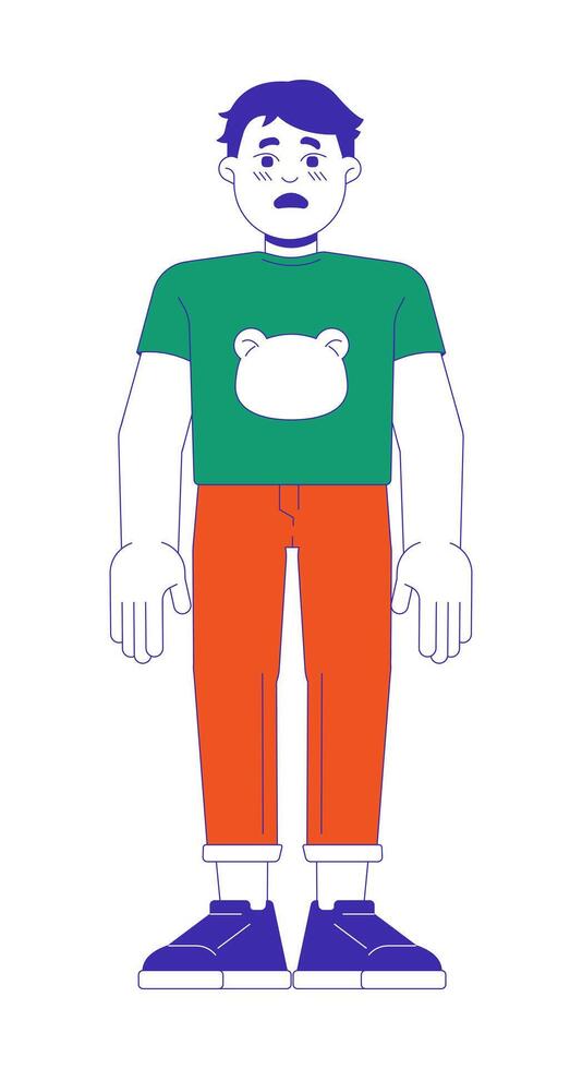 Scared little boy 2D cartoon character. Frightened male child isolated flat person white background. Stressed terrified kid. Feelings loneliness. Childhood trauma color spot illustration vector