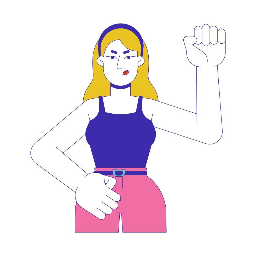 Fist up feminist caucasian female 2D cartoon character. Blonde woman in protest march isolated flat person white background. Young protester. Feminism empowerment color spot illustration vector