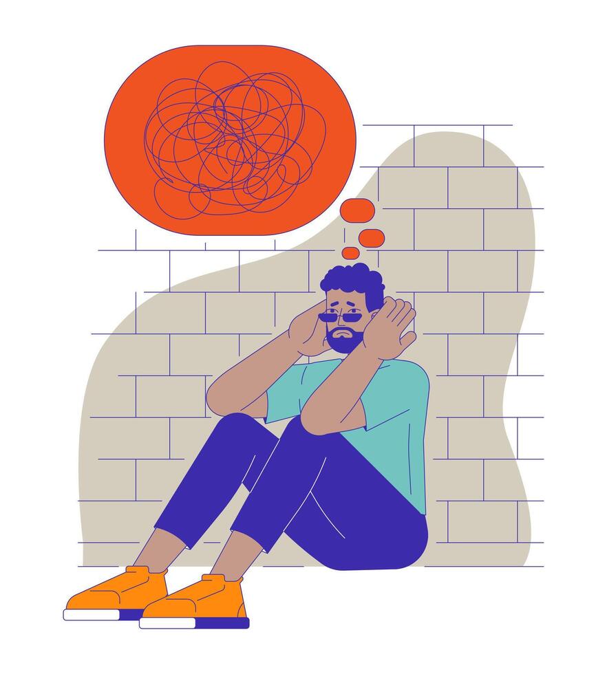Mental health crisis 2D illustration concept. Black man holding head burnout cartoon character isolated on white. Anxiety disorder. Exhausted from working metaphor abstract flat graphic vector