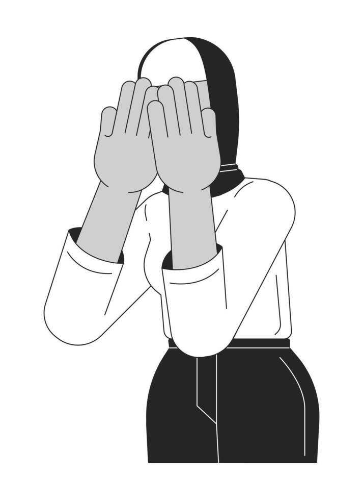 Muslim hijab woman covering eyes with palms black and white 2D line cartoon character. Headscarf female hiding behind hands isolated outline person. Stop gesture monochromatic spot illustration vector