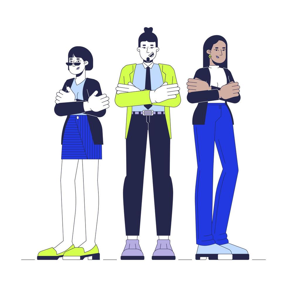 Product managers team cartoon flat illustration. Teamwork colleagues diversity at workplace 2D characters isolated on white background. Arms crossed employees confident scene color image vector