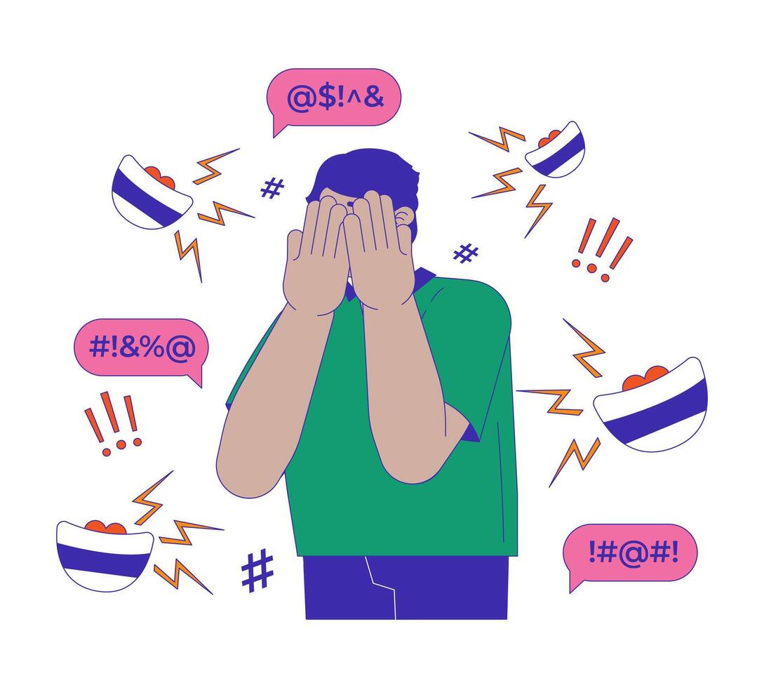 Victim bullying 2D illustration concept. Arab man covering eyes depressed cartoon character isolated on white. Internet harassment islamophobia. Cyberbullying metaphor abstract flat graphic vector